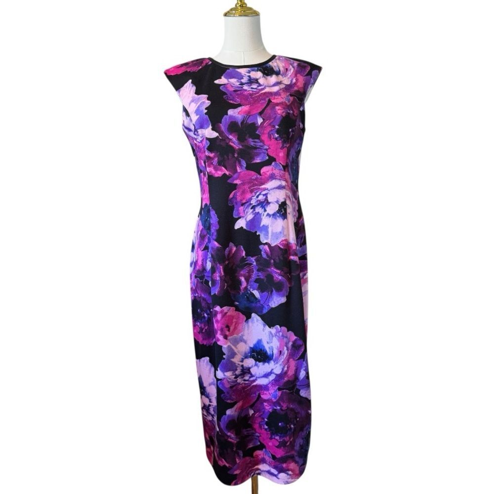 London Times Purple Pink Floral Midi Sheath Dress Small 6